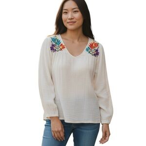 Hippie Laundry Boho Peasant Cream Long Sleeve Top Colorful Embroidery Si…